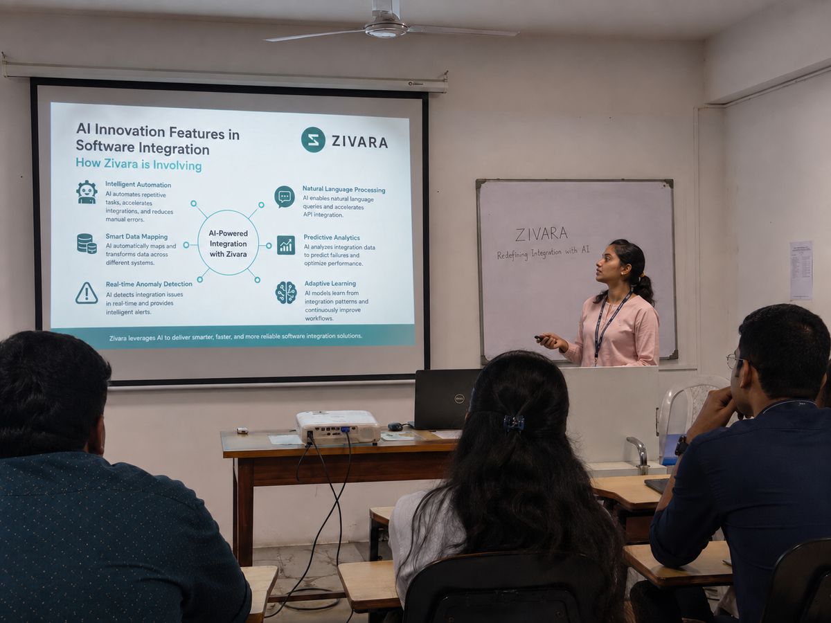 A ZIVARA engineer presenting the studio's approach to AI-driven software integration to the team